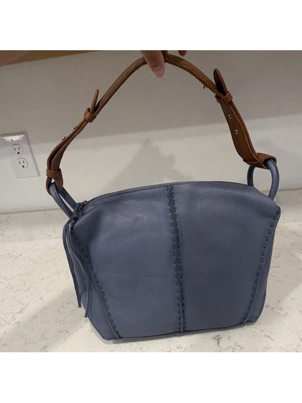 The Sak Los Feliz Shoulder Bag Blue Pebbled Zip Brown Strap Silver Outer Pkt
